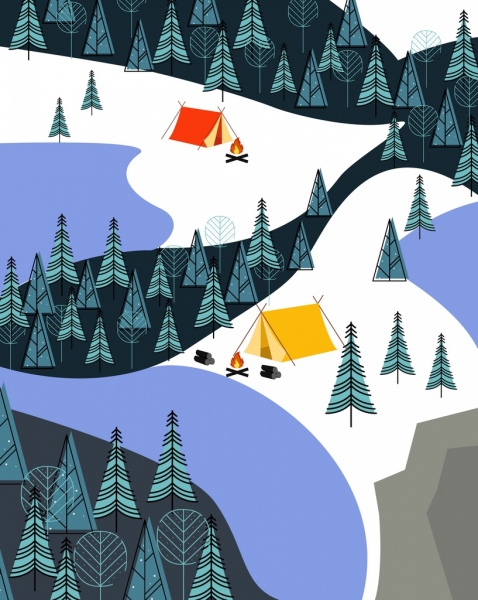 Mountain Camping dibujo carpas fogata árboles iconos