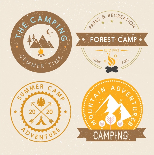 Mountain Camping logotipos retro etiqueta redonda