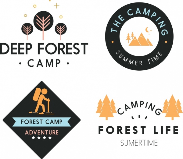 foresta di montagna in campeggio a varie icone colorate logotipi