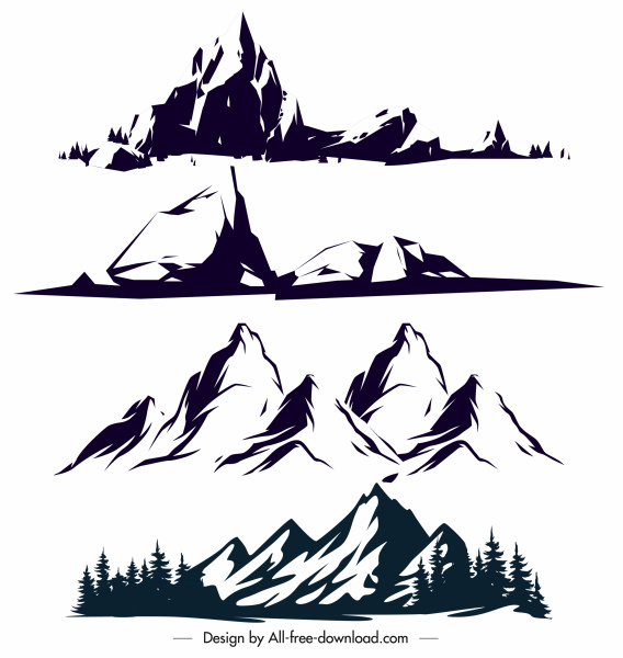 iconos de montaña blanco negro clásico dibujado a mano boceto