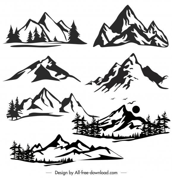 iconos de montaña blanco negro dibujado a mano boceto