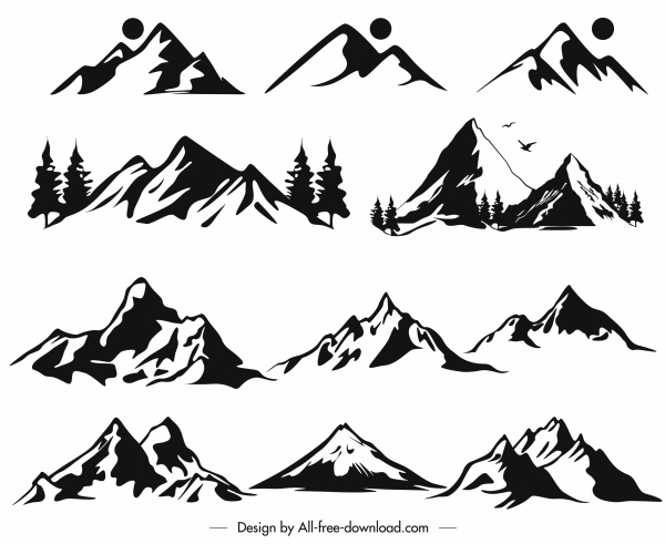 iconos de montaña blanco negro retro dibujado a mano boceto