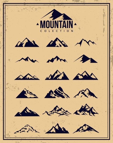 croqui de várias formas de projeto retrô de coleção de ícones de montanha