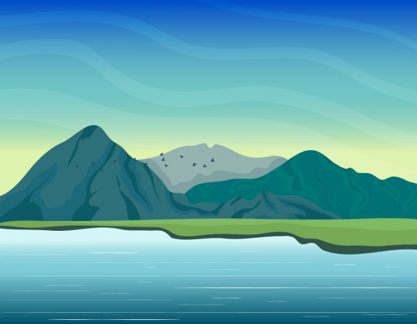 山の湖のシーンの絵の色の漫画デザイン