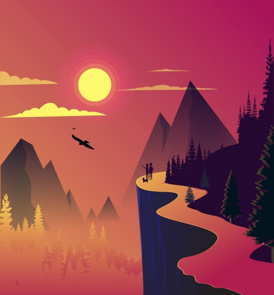 Mountain Landscape Background Colored Cartoon Design Sun Icon