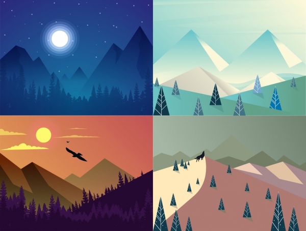pemandangan Gunung latar belakang set warna-warni hari malam desain
