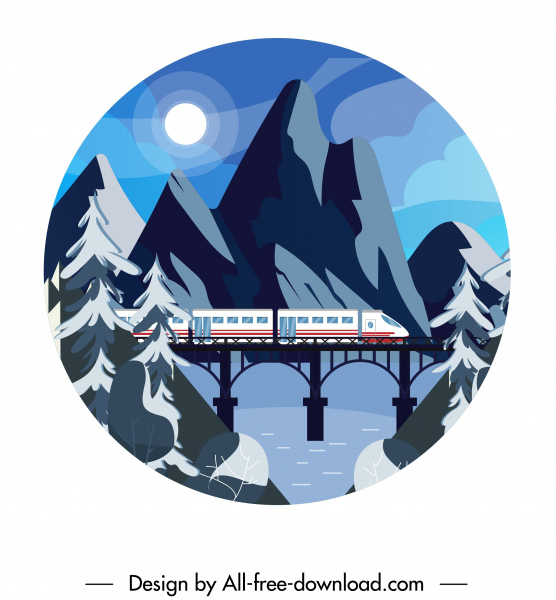 горный пейзаж фон поезд мост лунный свет эскиз