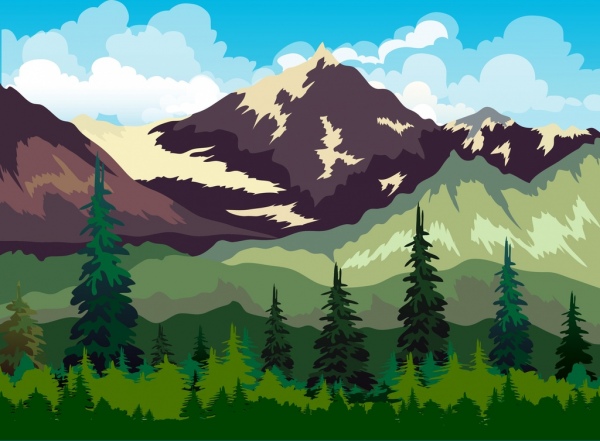 Mountain Landscape Drawing Colored Cartoon Design-vector Landscape-free  Vector Free Download