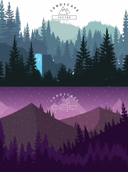 le dessin présente des paysages montagneux de décor bleu violet