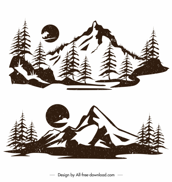 горный пейзаж иконы ретро плоский дизайн