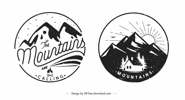 templat logo gunung desain retro putih hitam