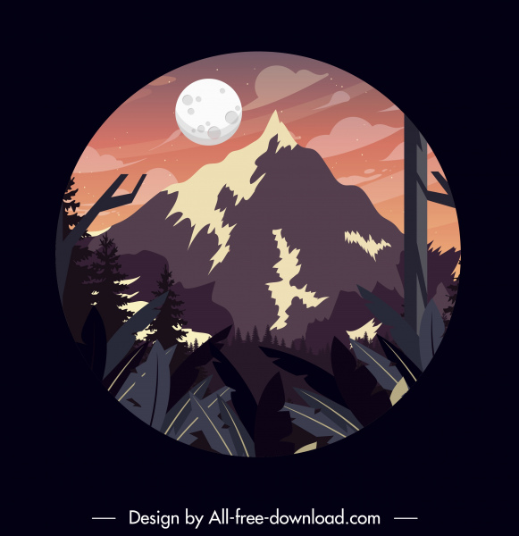escena de la luna de montaña fondo coloreado círculo clásico aislamiento del círculo