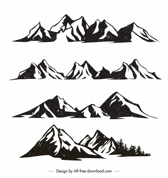 ícones da cadeia de montanha preto branco vintage desenhado à mão