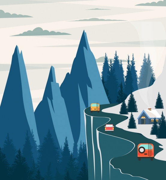 la pintura de paisaje de carretera de montaña de color diseño de la historieta