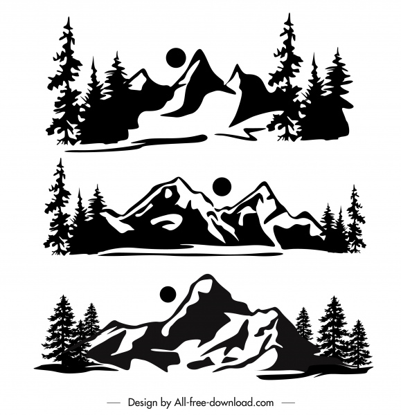 iconos de la escena de la montaña blanco negro dibujado a mano diseño retro