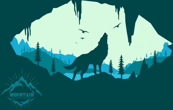 montagna fauna sfondo lupo uccello icone silhouette decorazione