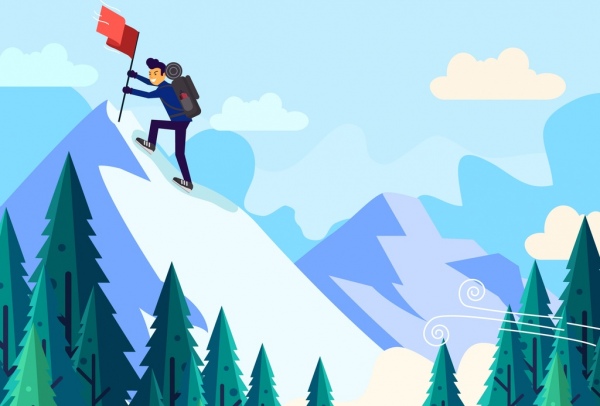Bergsteigen Hintergrund Peak Flaggensymbole Kletterer cartoon-design