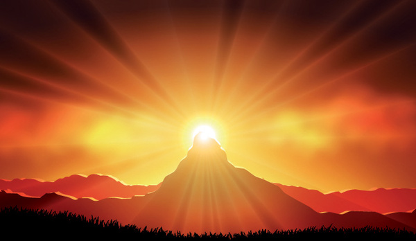 pegunungan dengan vektor latar belakang indah matahari terbenam
