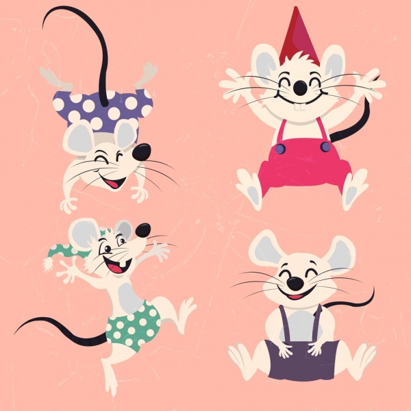 Ratón de dibujos animados de varios gestos estilizados iconos divertidos