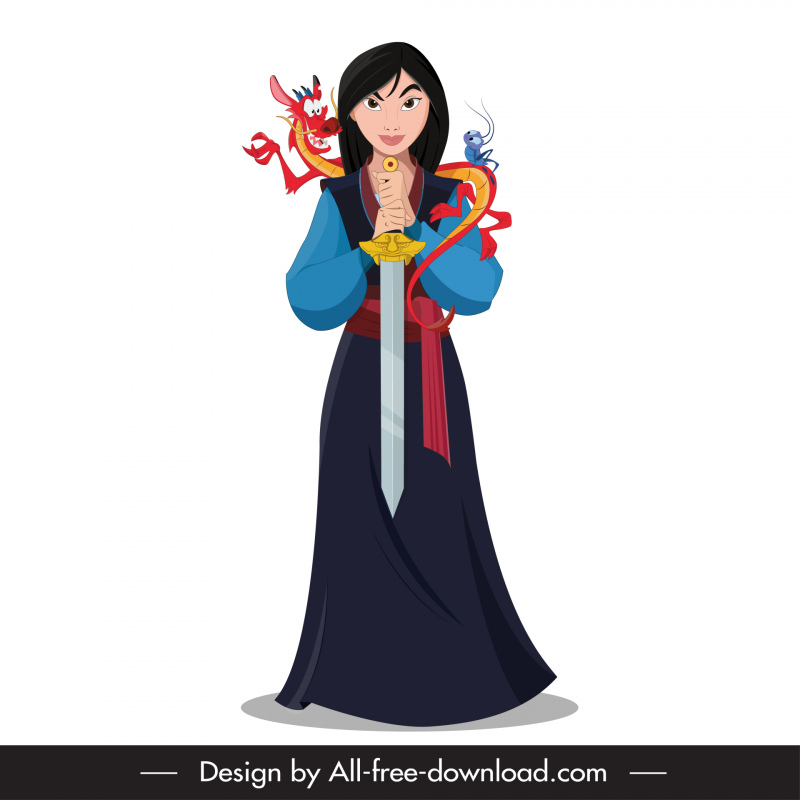 Mulan personaje icono dama con espada dragón boceto diseño de dibujos animados