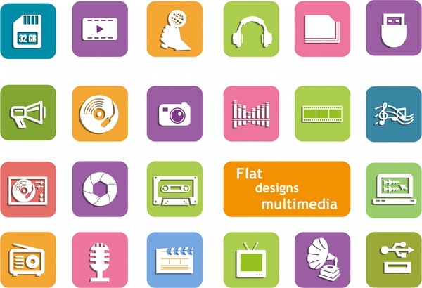 Multimedia-Symbole Design im flachen Stil