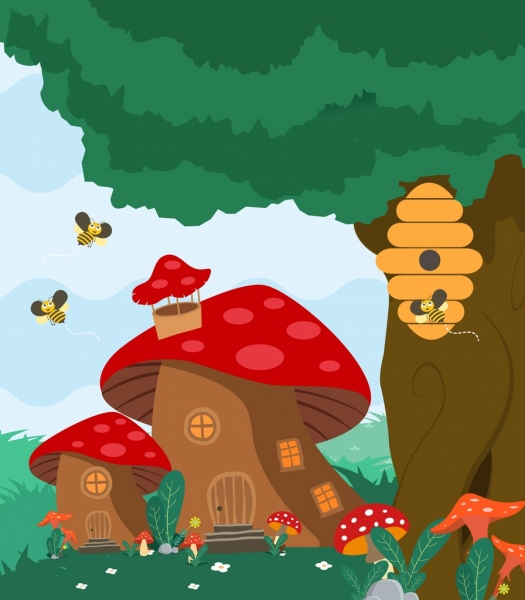 Mushroom casas diseño de dibujos animados Iconos de abeja de color de fondo