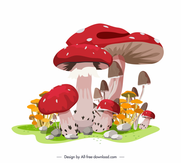 jamur lukisan warna-warni lebat pertumbuhan sketsa