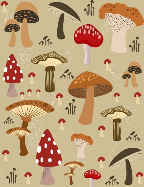 jamur latar belakang mengulangi desain berbagai ikon berwarna