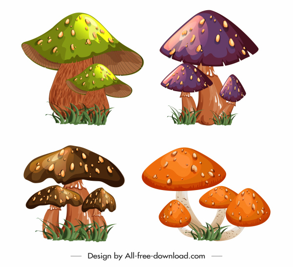 Iconos de hongos boceto colorido en 3D