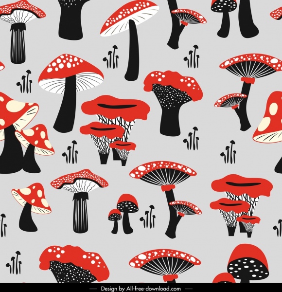 cogumelos de padrão preto vermelho repetindo decoração