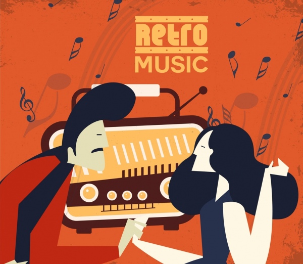 música fundo homem mulher rádio ícones design retro