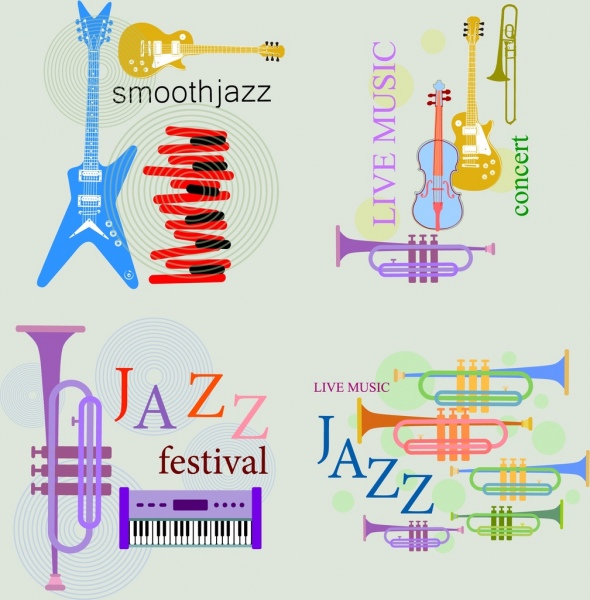 Muzyka tła zestawy różnych instrumentów ikony kolor płaskie
