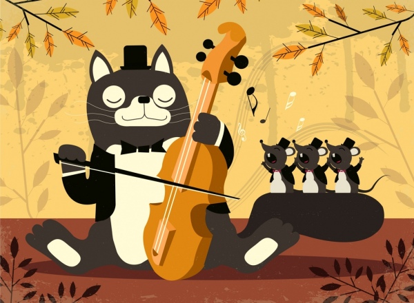 音楽様式化された背景猫マウス アイコン漫画のデザイン