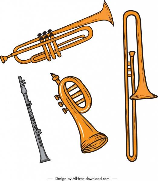 música fondo trompeta saxofón flauta iconos diseño retro