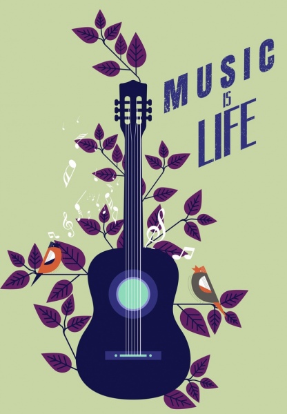 音乐横幅吉他叶子小鸟图标平面设计