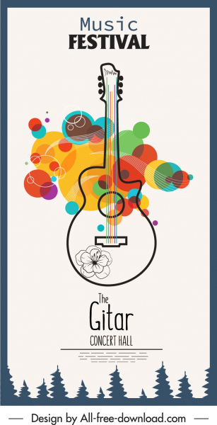 音乐横幅吉他素描彩色平面设计