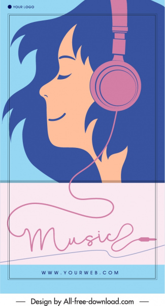 template spanduk musik headphone gadis sketsa datar klasik