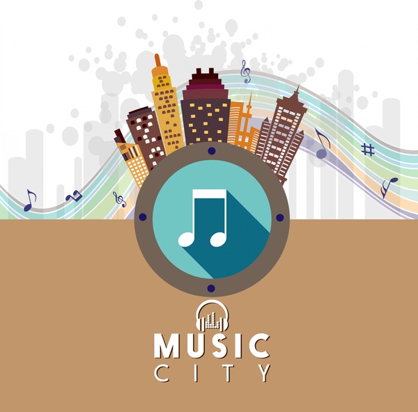 مدينة الموسيقى شعار ملون ملاحظة والمباني الرمز