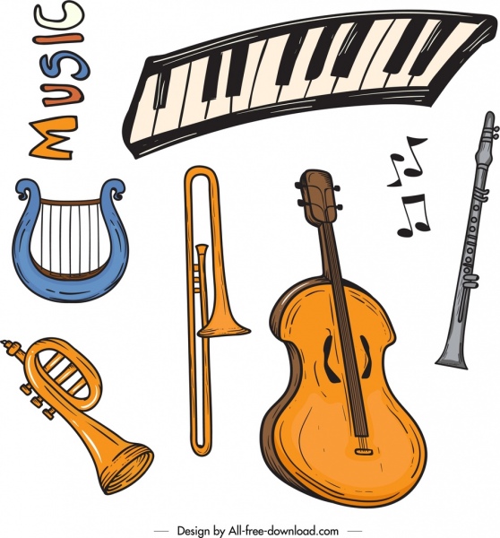 музыкальные элементы инструментов значки ретро дизайн