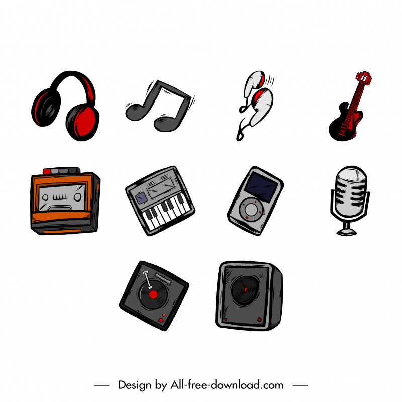 Iconos de doodle de música bocetos retro coloreados
