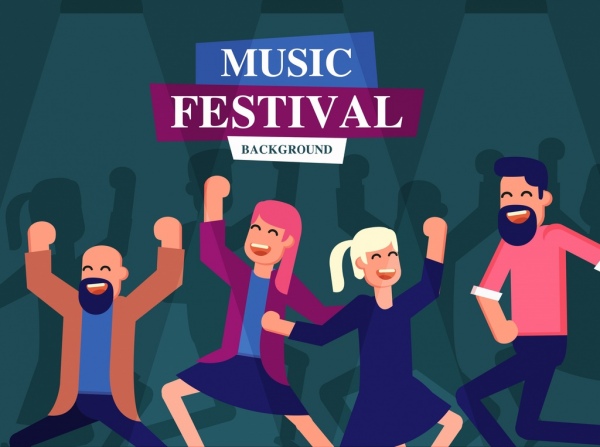 festival de musique bannière danseurs icônes personnages de dessins animés décor