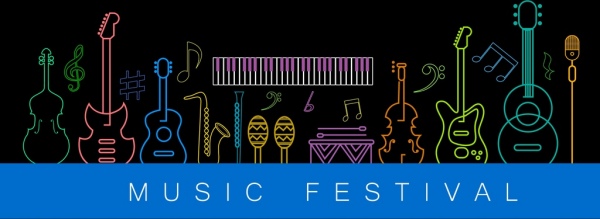 musik festival banner instrumen ikon dekorasi warna-warni siluet