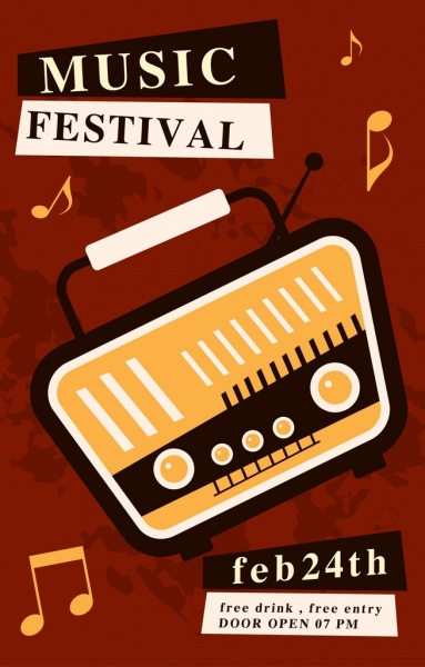 música festival banner rádio vintage notas ícones decoração