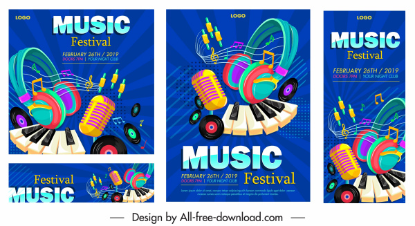 banners de festivais de música coloridos agitados instrumentos de design ícones