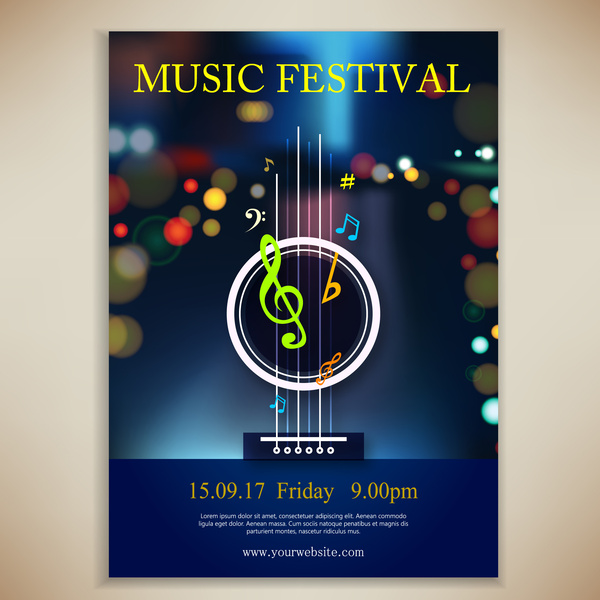 ilustrasi Music festival poster dengan latar-belakang bokeh