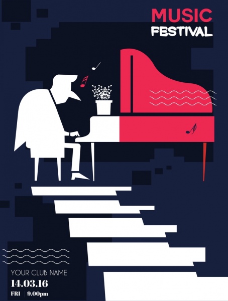 disegno di musica poster festival pianista icona sagoma piatta