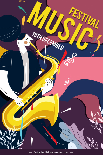 festival de música pôster saxofonista esboço colorido design clássico