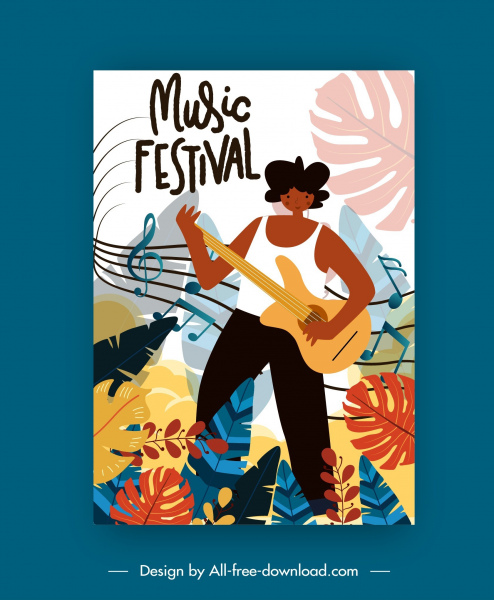 음악 축제 포스터 기타리스트 노트 나뭇잎 장식