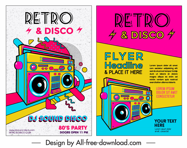 음악 전단지 템플릿 다채로운 복고풍 디자인 카세트 아이콘