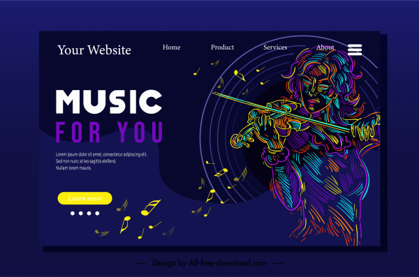 página inicial de música modelo cores escuras misturado esboço violinista